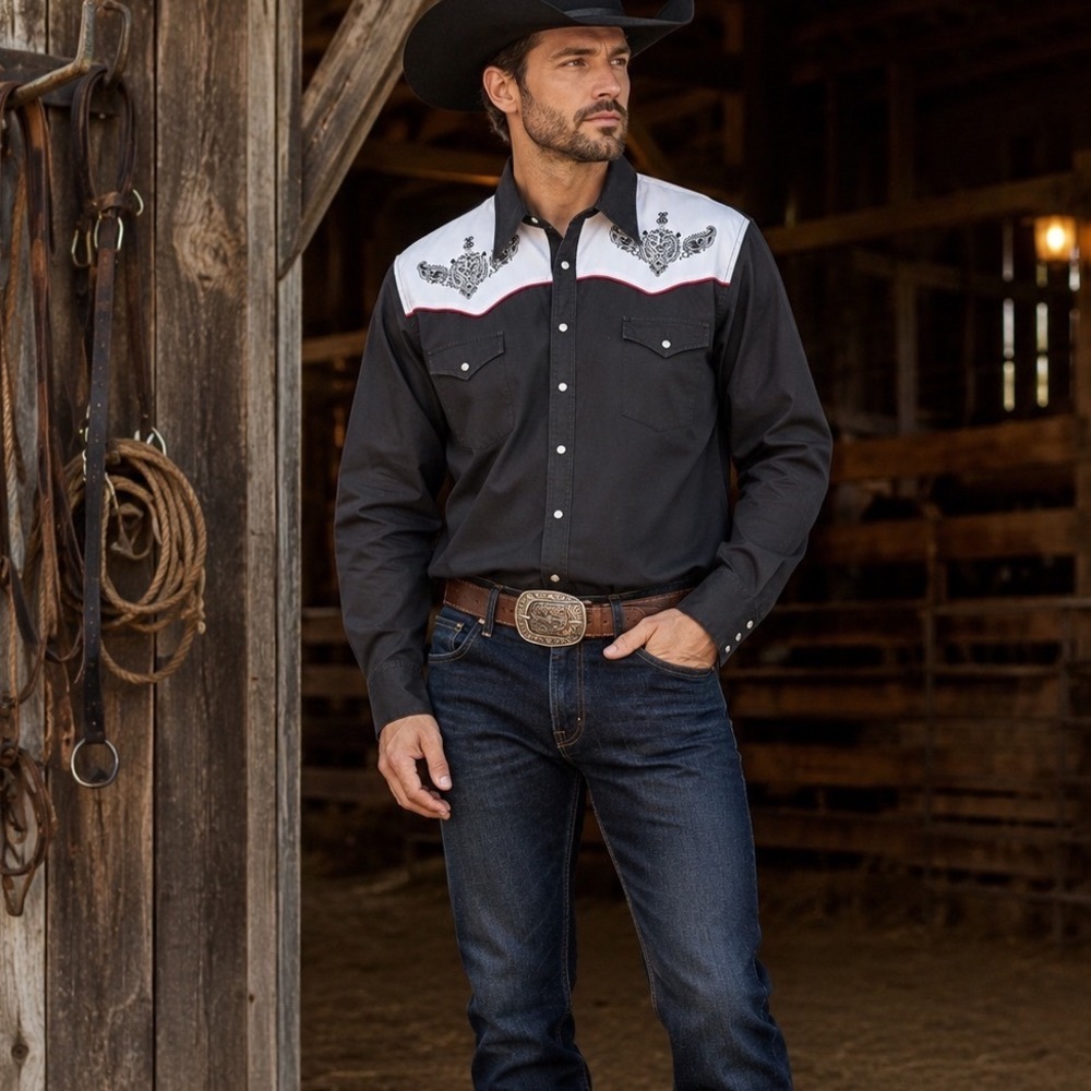 High Noon Western Snap Shirt Mens XL Black Embroidered Yoke Cowboy